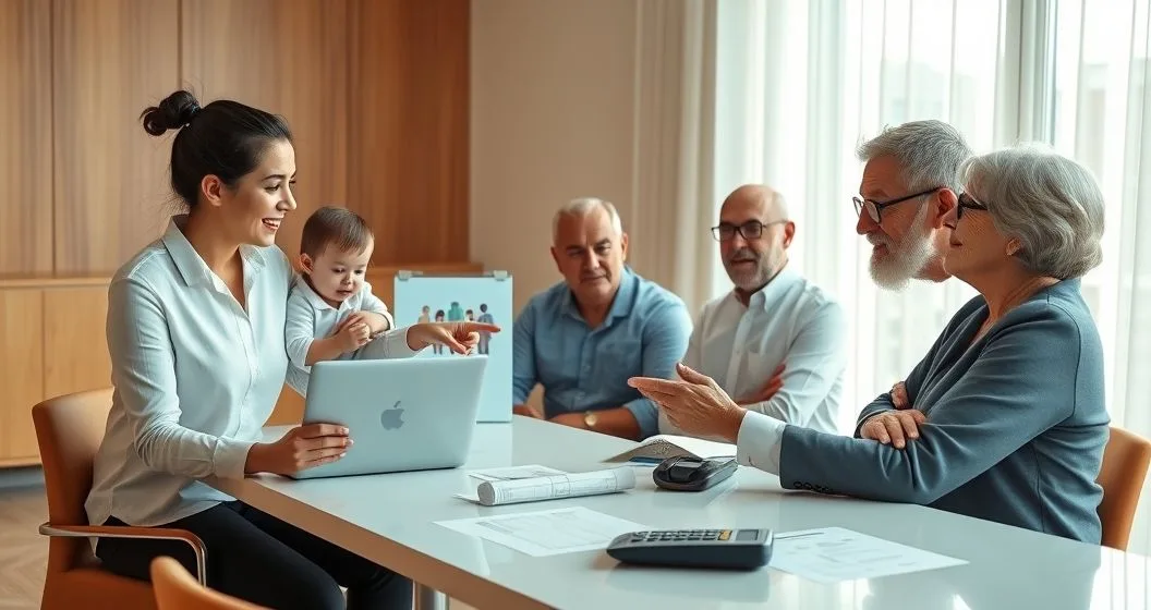 Tax advisor explaining dependent eligibility to a family in a modern office pointing at a laptop and documents