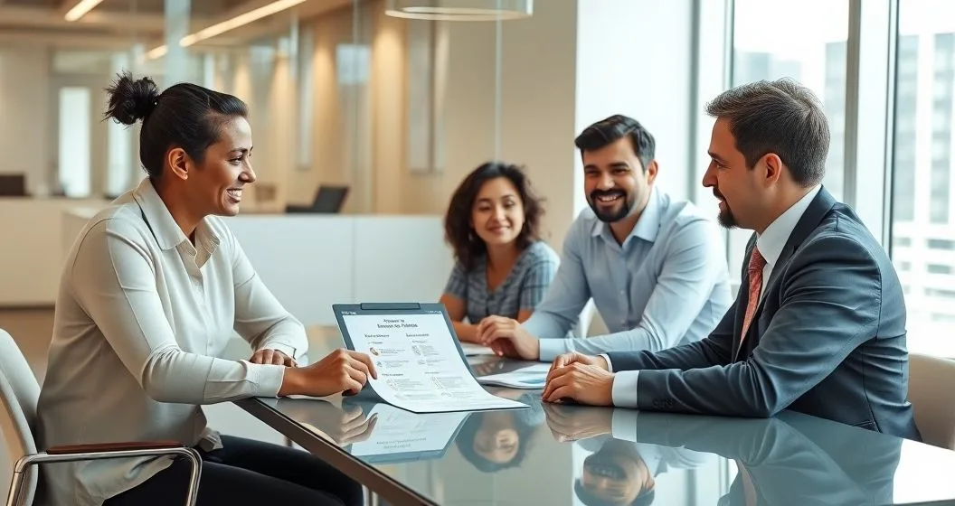 Tax advisor explains dependent eligibility to a diverse family using a tablet and icon checklist in a modern office