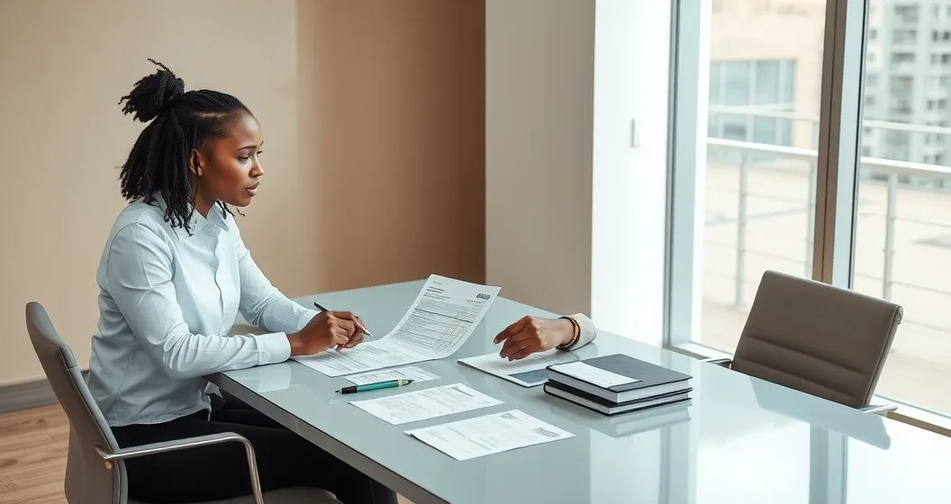 Tax professional and client reviewing Form 8862 and supporting documents at a modern office table
