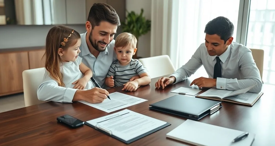 Custodial parent signs Form 8332 at a conference table holding a child while a tax professional points to the signature line and the other parent looks on in a modern office