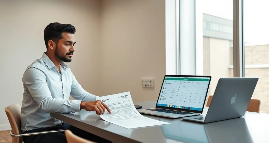 Tax advisor and client reviewing Form 3911 and an online refund tracking interface in a modern office.