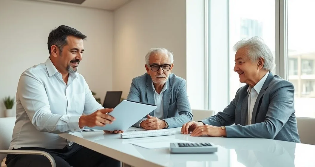 Tax advisor points to a tablet as an adult child and elderly parent review documents and a calculator in a bright office