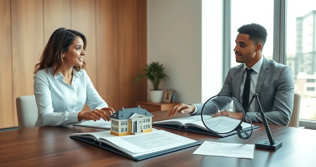 Financial counselor and borrower at a conference table with two folders one showing a small model school representing closed school discharge and the other showing a torn contract and magnifying glass representing borrower defense to repayment