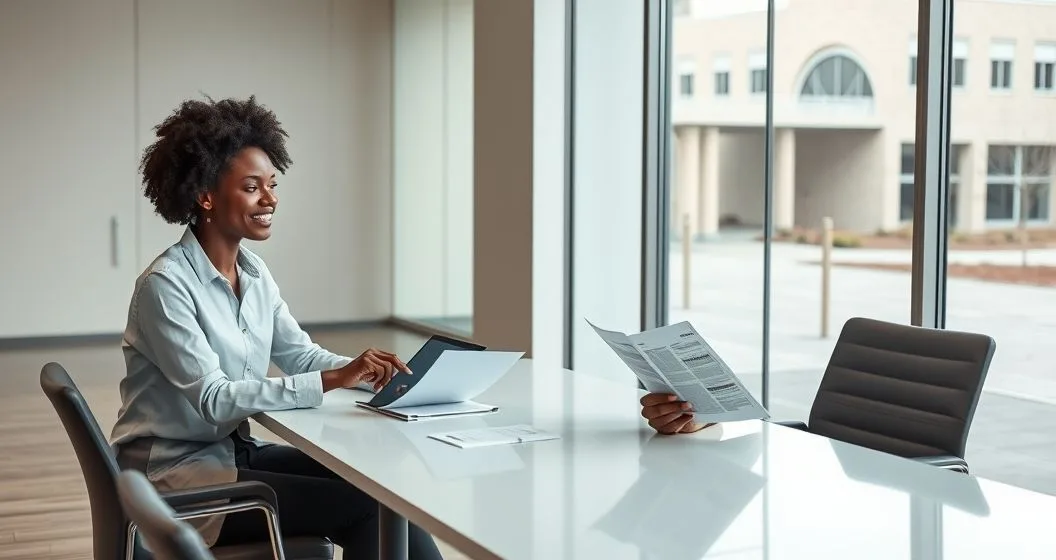 Student meeting with a loan counselor in a bright office with a closed campus visible through the window discussing loan discharge eligibility