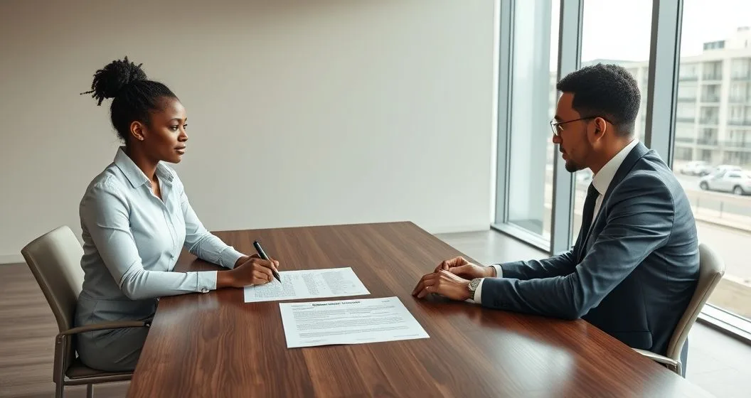 Two co borrowers and a loan officer at a modern conference table reviewing a mortgage document with the loan officer pointing to the document as one borrower prepares to sign