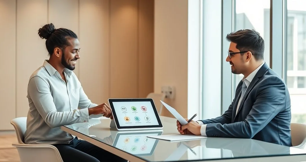 Mortgage advisor explains exit options to two borrowers as one hands keys and the other signs a document in a modern office.