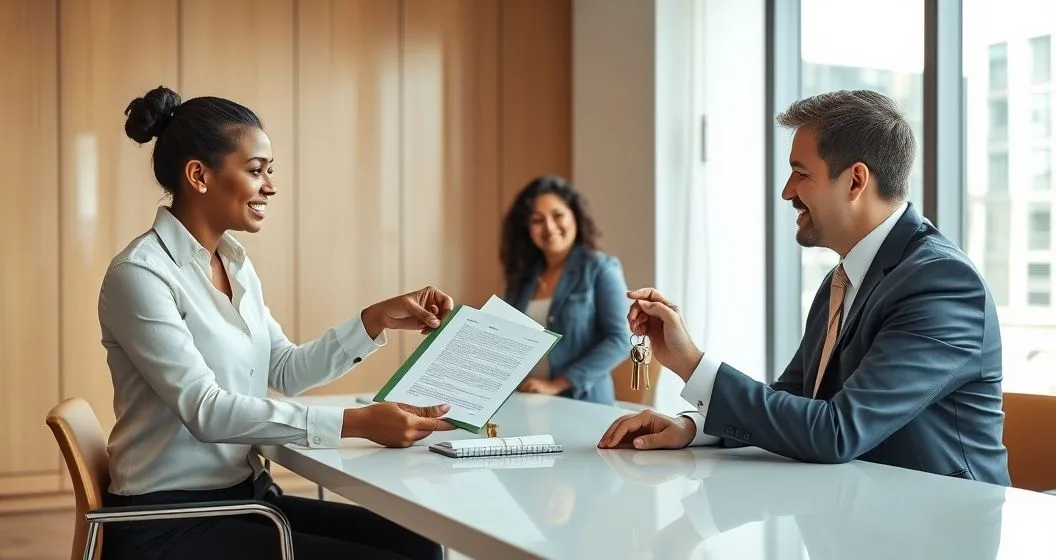 Estate attorney hands house keys to family member while pointing to a closed deed on a clean conference table in a modern office