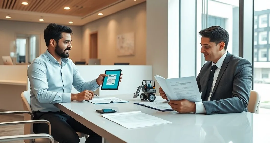 Loan officer and small business owner at a clean conference table reviewing a tablet with invoice icons a small equipment model and a document representing a personal guarantee