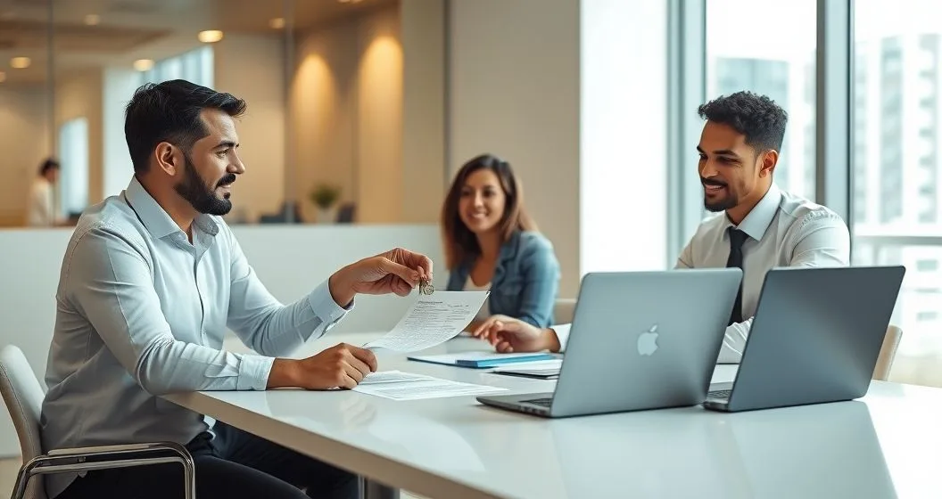Lender handing keys to a business owner across a conference table while they review a loan contract and a laptop displays an asset list.