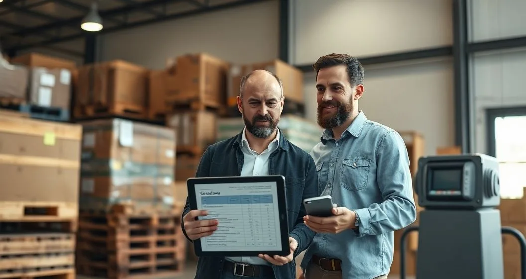 Lender and small business owner assess inventory pallets equipment and a tablet with a valuation chart in a warehouse office