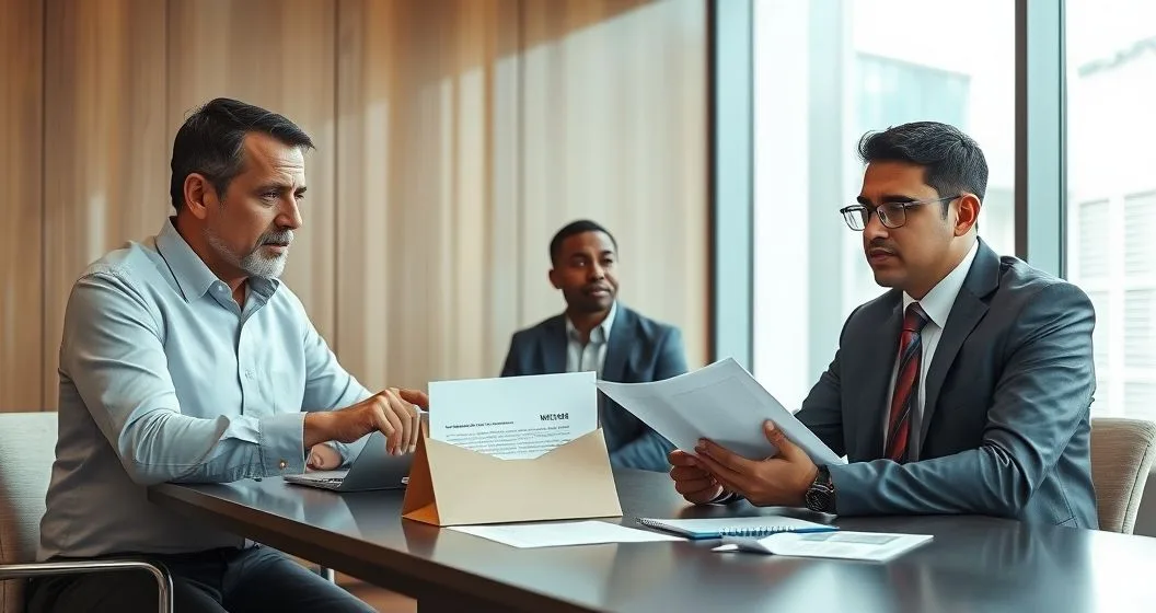 Taxpayer and advisor meet with an IRS appeals officer across a conference table with a sealed notice and case files.