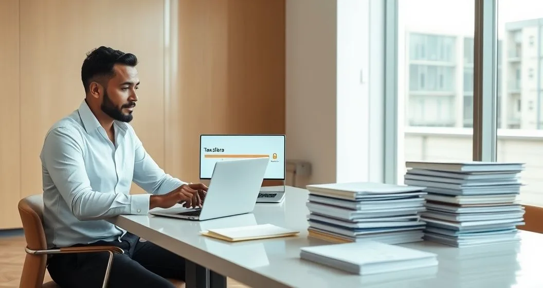 Tax advisor points to a timeline on a laptop while a client looks on, refund envelope and tax folders on the table indicating expired collection period and potential refund offset