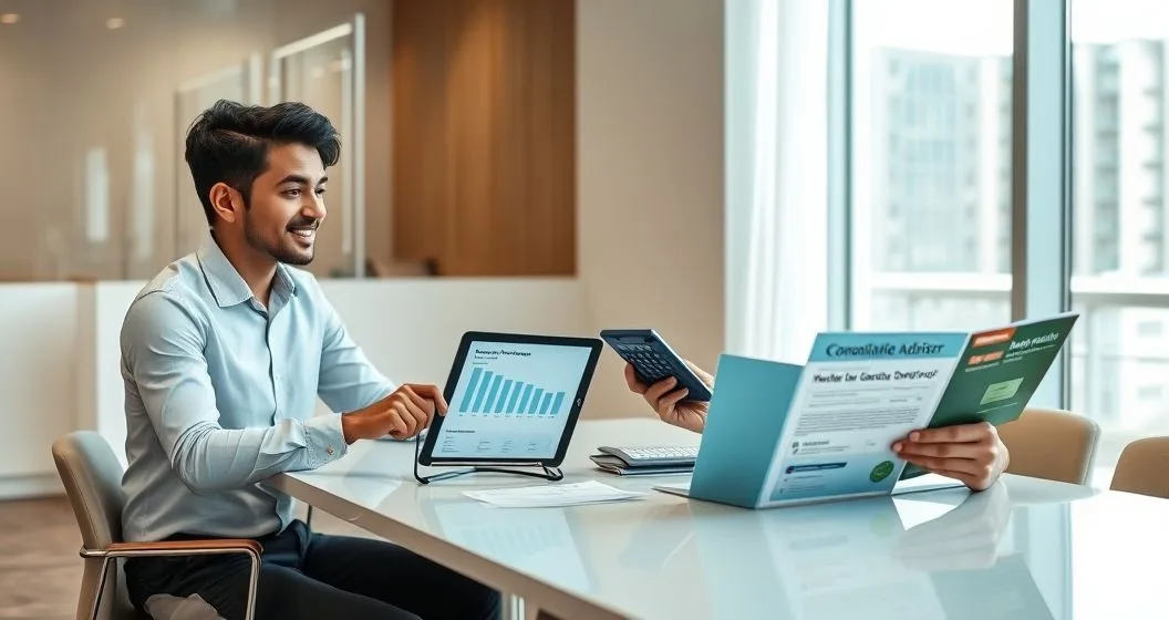 Recent graduate and financial advisor at a modern conference table reviewing a tablet with blurred charts comparing repayment options while the graduate uses a calculator and looks at loan papers.