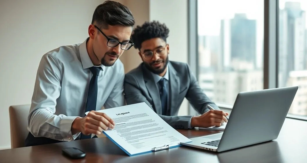 Two professionals reviewing a printed loan agreement with colored tabs on a conference table while one points to a clause and the other takes notes