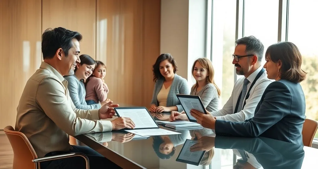 Multigenerational family meeting with a financial advisor at a modern conference table discussing estate plans