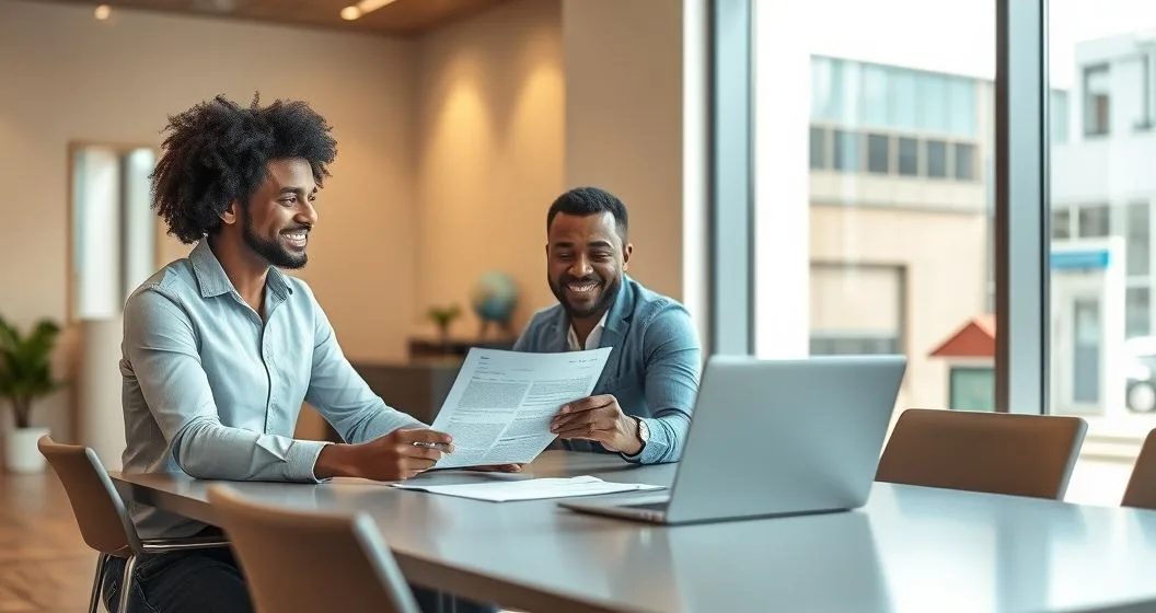 Diverse small business owner and community lender advisor review a grant letter and loan agreement at a modern community bank office