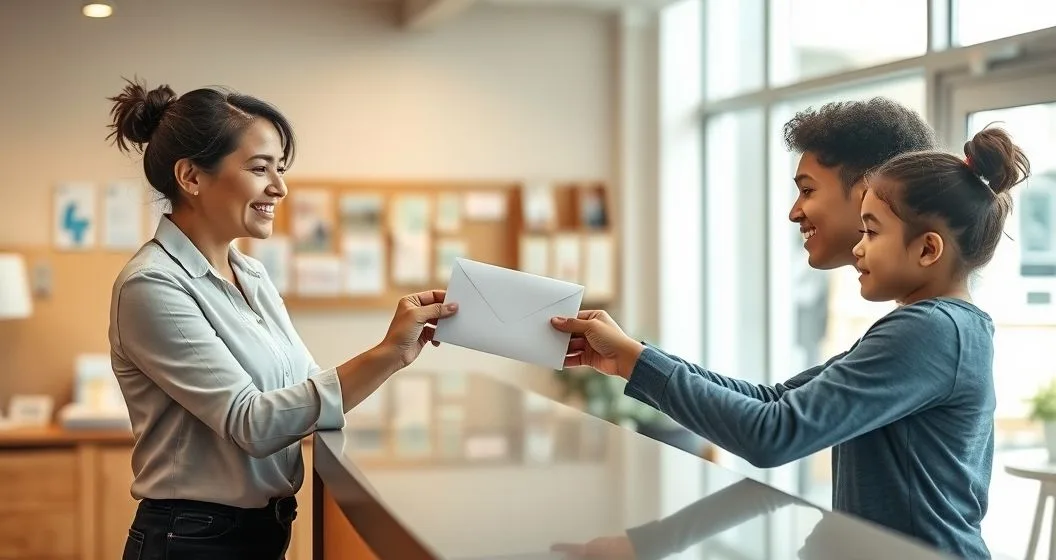Caseworker handing a sealed envelope to a relieved parent at a community resource center with brochures and a bulletin board in the background