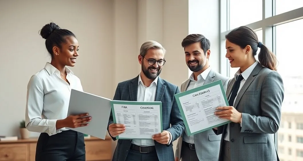 Three advisors in a modern mortgage office compare folders and a tablet labeled FHA VA Conventional while advising a young couple.