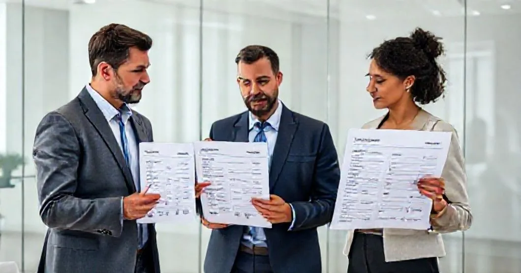 Three people at a conference table reviewing two tax summaries labeled Federal and State one on a tablet and one on paper highlighting differences