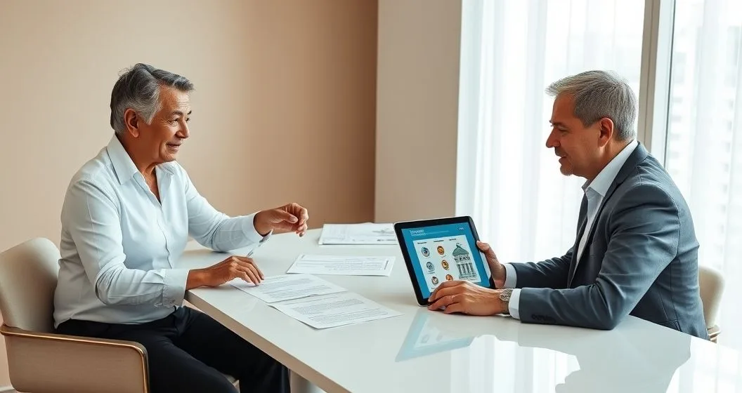 Senior couple and advisor compare Medicare supplement plan options at a modern office table with charts and a tablet showing icons for premiums benefits carrier stability and enrollment