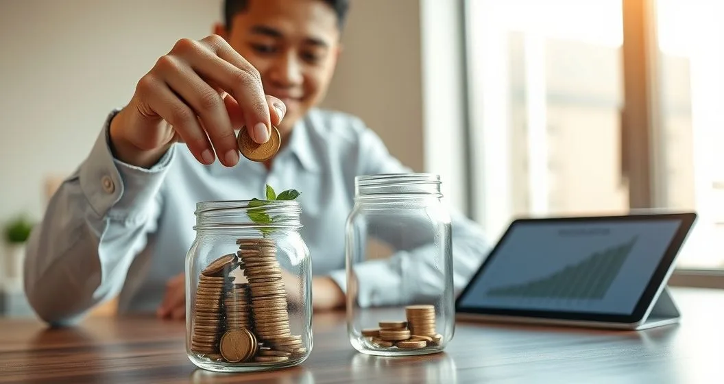 Young professional adds a coin to a fuller glass jar with a small plant while a smaller jar and a tablet with an upward curve illustrate accelerating growth from compound interest