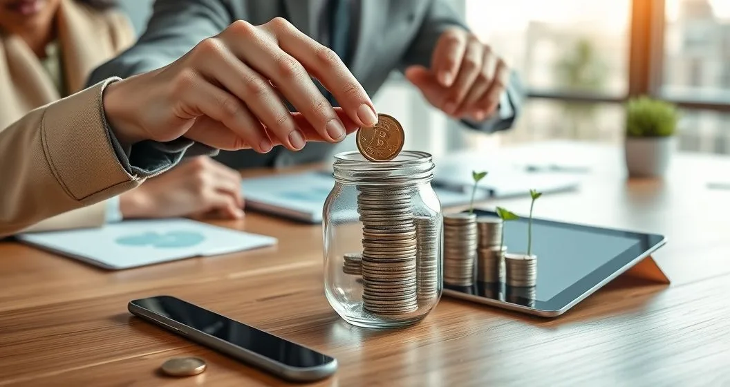 Hands placing a coin into a clear jar on a desk while a tablet displays stacked coins rising like a growth curve with small sprouts