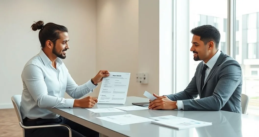 Loan officer and borrower reviewing a conditional approval checklist and timeline at a modern office table