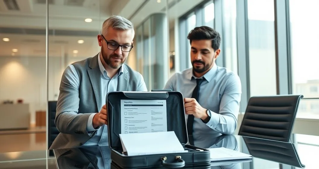 Two professionals in a conference room reviewing a checklist on a tablet while a sealed briefcase sits on the table representing funds withheld until conditions are met