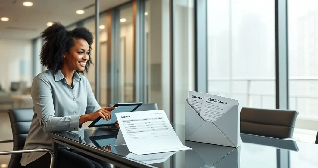 Financial advisor and borrower at a minimalist conference table viewing a tablet with a simplified consolidated payment dashboard while multiple loan statements on the table converge toward a single envelope in a modern office.
