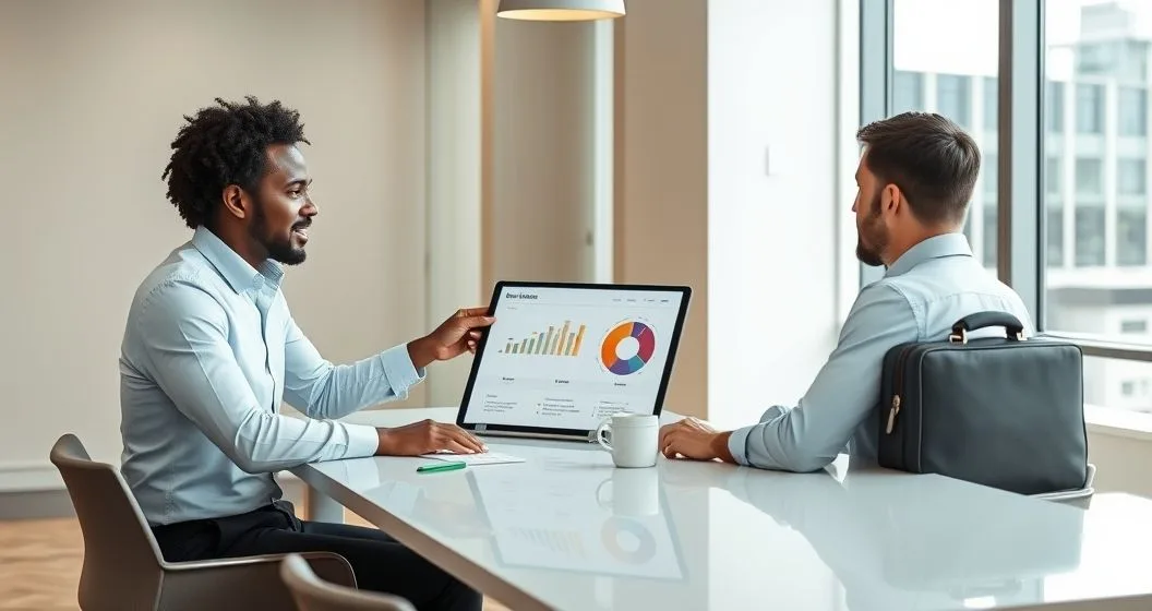 Financial advisor and busy investor review a tablet showing color coded account buckets and a pie chart allocation in a modern office