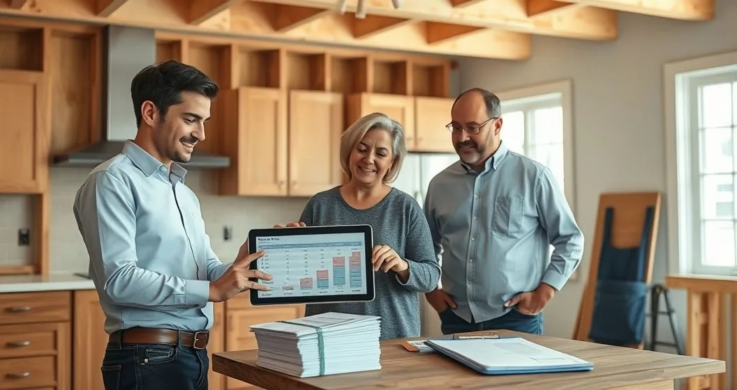 Loan officer, homeowner, and contractor reviewing a tablet in a partially renovated kitchen with payment envelopes on a workbench