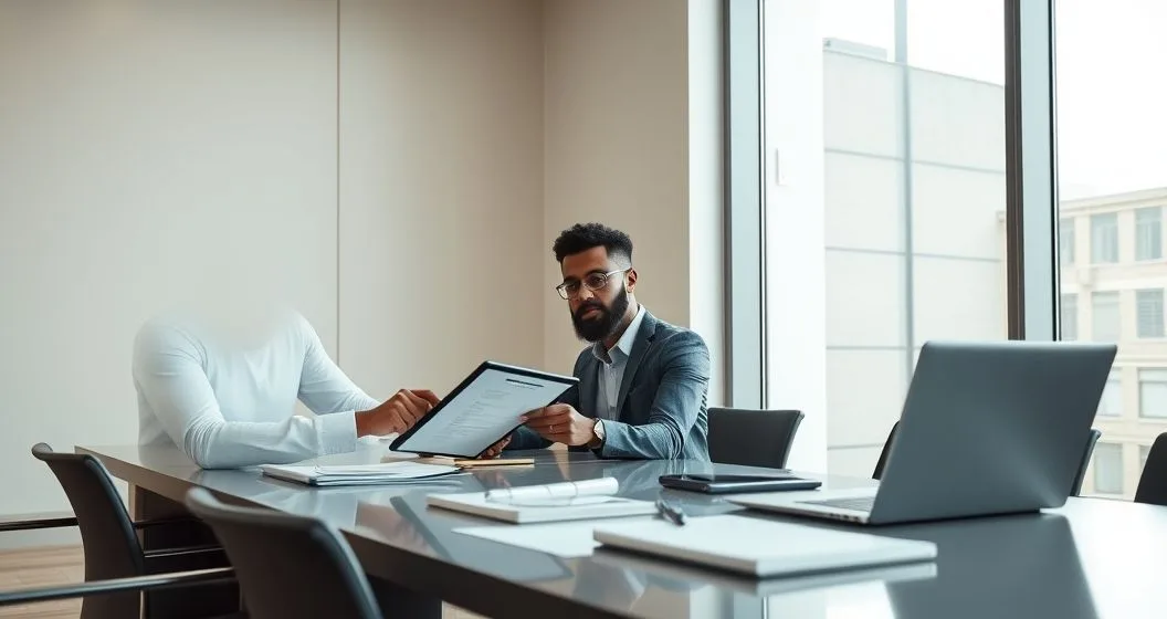 Tax advisor explains updated federal tax rulings to an individual client using a tablet in a modern conference room