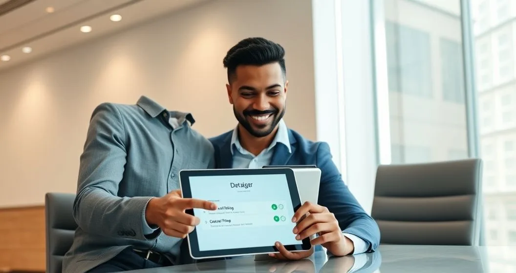 A consumer and financial advisor review a tablet that visualizes data sharing controls in a modern bank conference room.