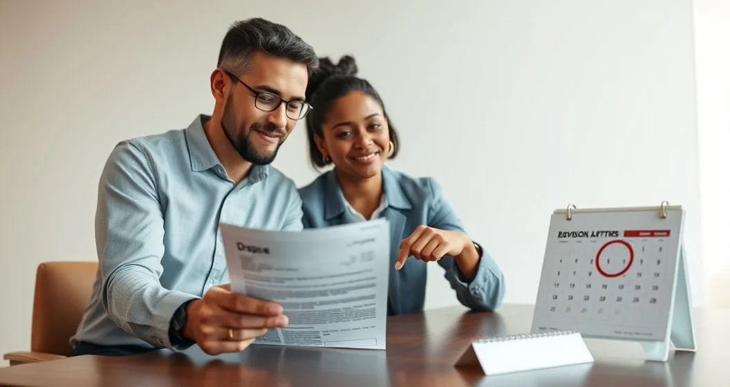Diverse consumer and financial advisor reviewing a disputed bill and a circled date on a desk calendar