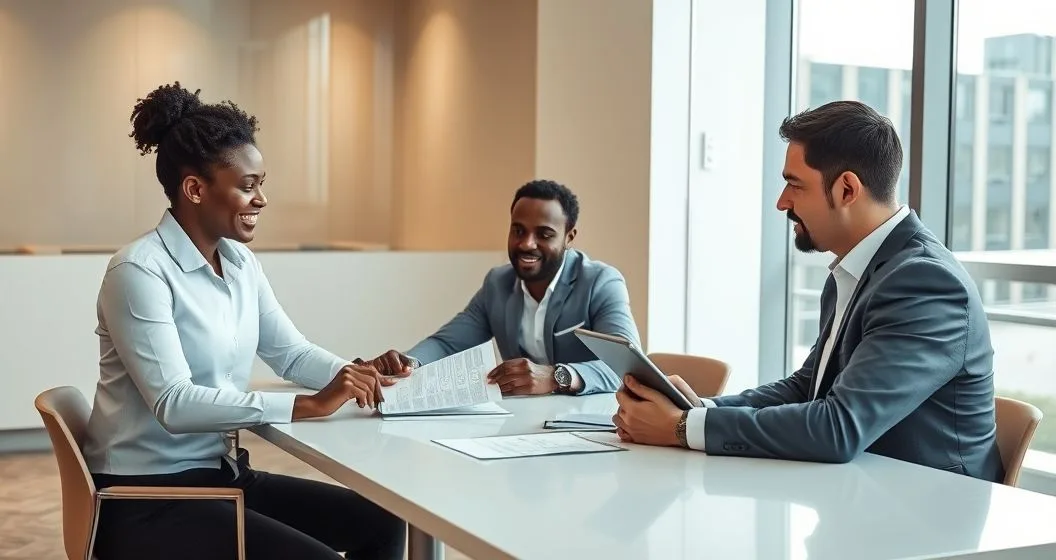 Financial advisor explains loan disclosure to borrower with compliance officer observing in modern office