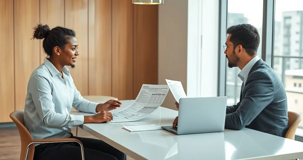 Financial counselor pointing at highlighted loan statement and credit report while a diverse client listens in a modern office