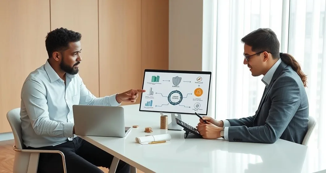 Financial advisor and two clients reviewing a tablet with diagrams for emergency fund insurance and diversified income in a modern conference room.