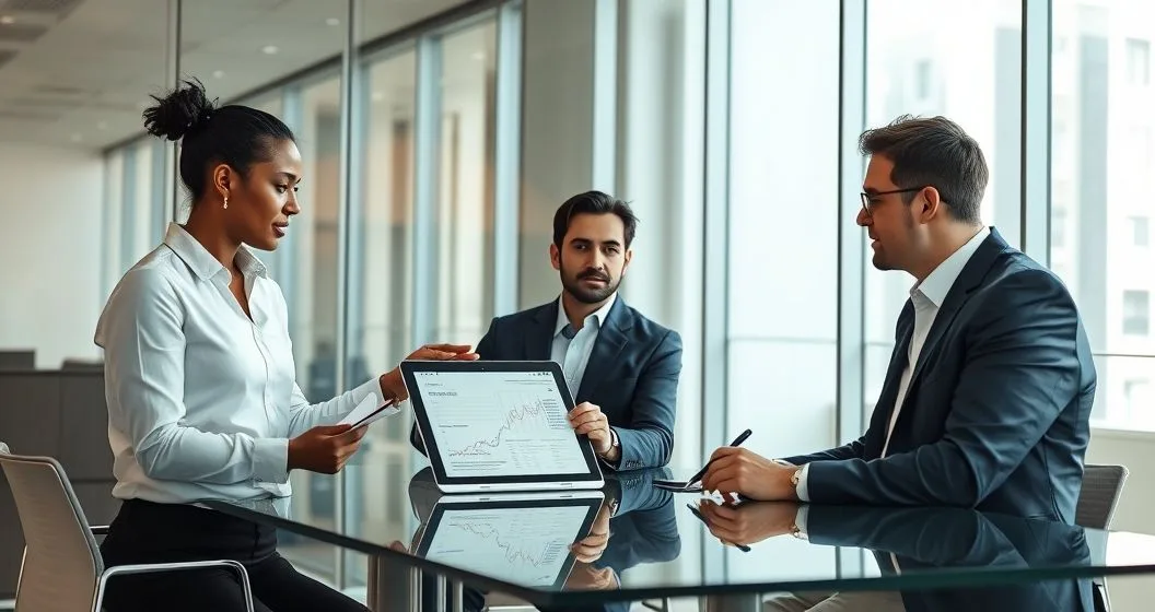 Diverse finance and legal team reviewing contingent liabilities on a tablet in a modern conference room.