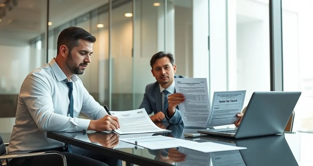 Tax advisor signing an amended Form 656 while a colleague reviews Form 433 financial statements on a laptop in a modern conference room