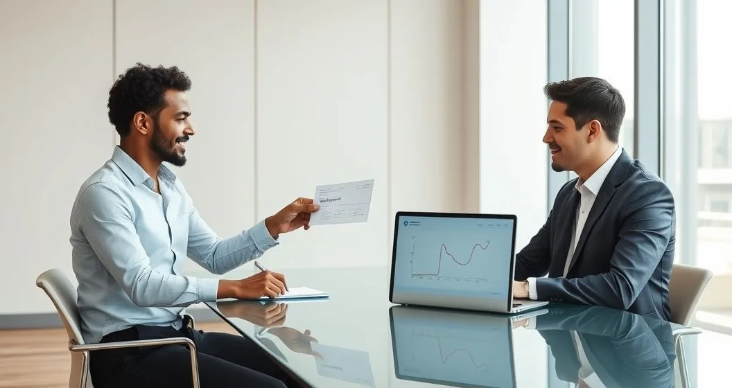 Founder and investor exchange a signed convertible note at a minimalist conference table with a laptop showing an equity conversion diagram.