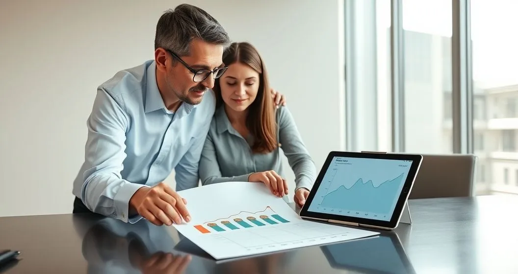 Financial advisor and couple review a multi year timeline with stacked coins and a tablet showing a smoothed income trend to minimize tax bracket creep.