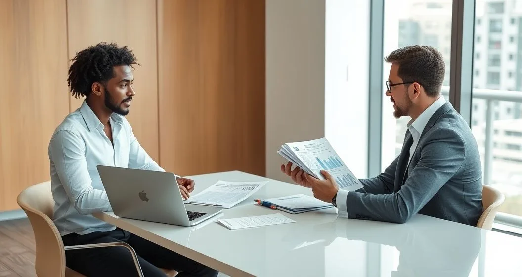 Financial advisor and employee at a modern conference table reviewing benefits documents and a laptop chart, aligning employer benefits with a personal financial plan.