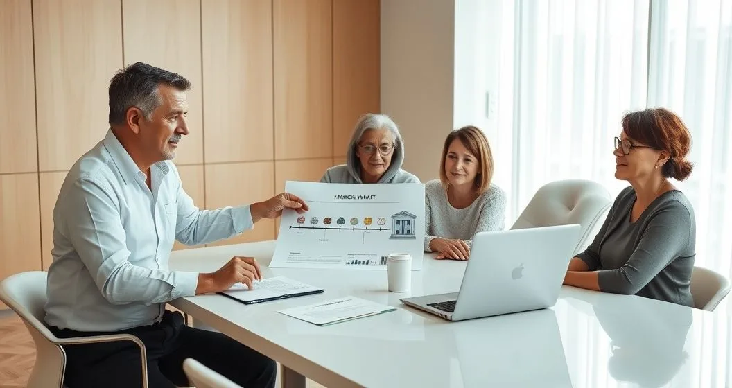 Financial advisor explaining lifetime gifts and estate planning to a multigenerational family over a timeline diagram on a conference table