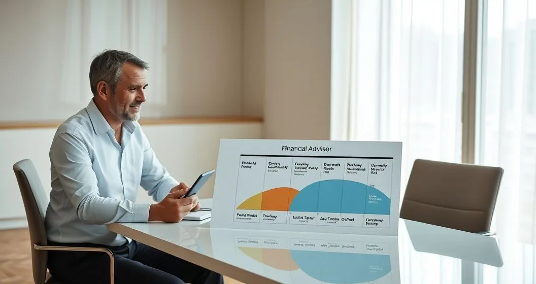 Financial advisor and retired couple reviewing timelines for pension annuity social security timing and IRA withdrawals on a tablet in a modern office