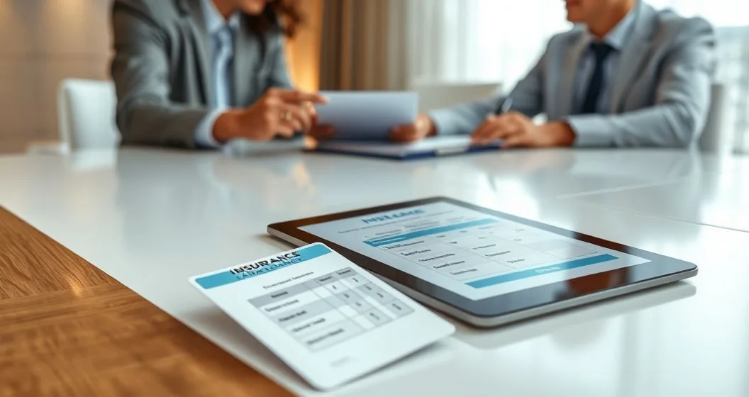 Benefits specialist and patient reviewing overlapping insurance ID cards and a tablet showing primary and secondary claim breakdown