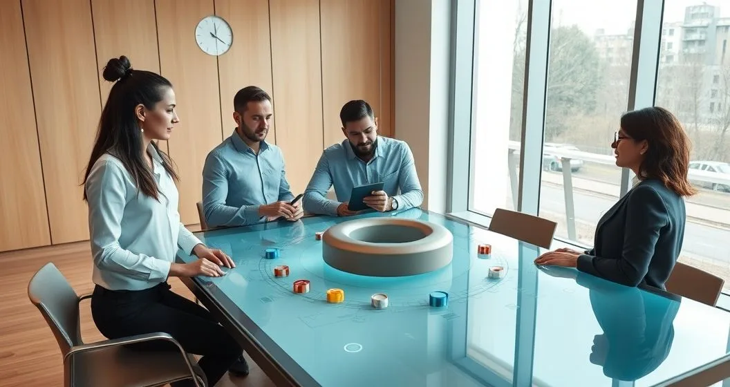 Advisor explaining a two tier portfolio model on an interactive table showing a large core and smaller satellites