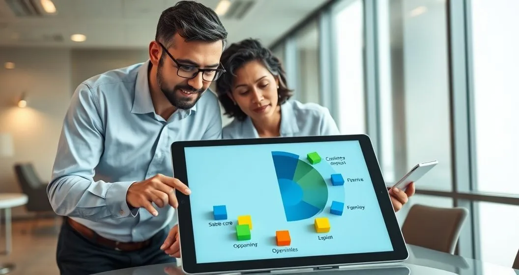 Advisor and client reviewing a tablet showing a large muted blue core pie and smaller colorful tiles as satellites in a modern conference room