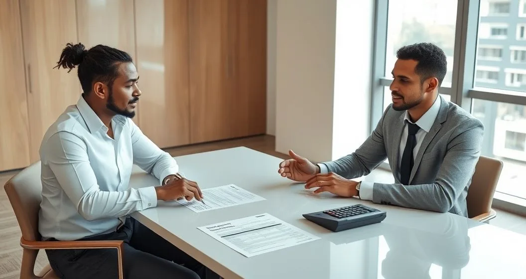 A tax advisor and client review a printed tax return with an open Form 1040X and IRA statements on a clean office table