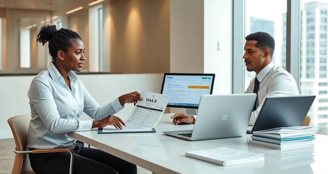 Tax advisor points to an amended return while client reviews laptop showing a retirement contribution error with forms 1099-R and 5329 on the table