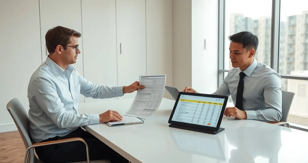 Payroll specialist and employer reviewing corrected W-2c and Form 941 X in a modern conference room with a tablet showing a highlighted payroll spreadsheet